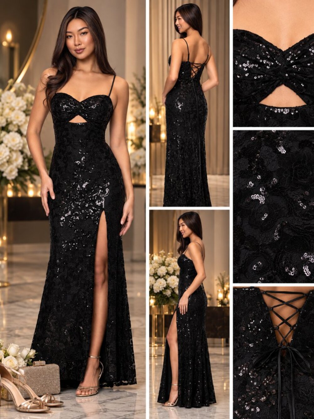 Blondie Nites Black Sequin Lace Cutout Corset Slit Formal Gown Size 9